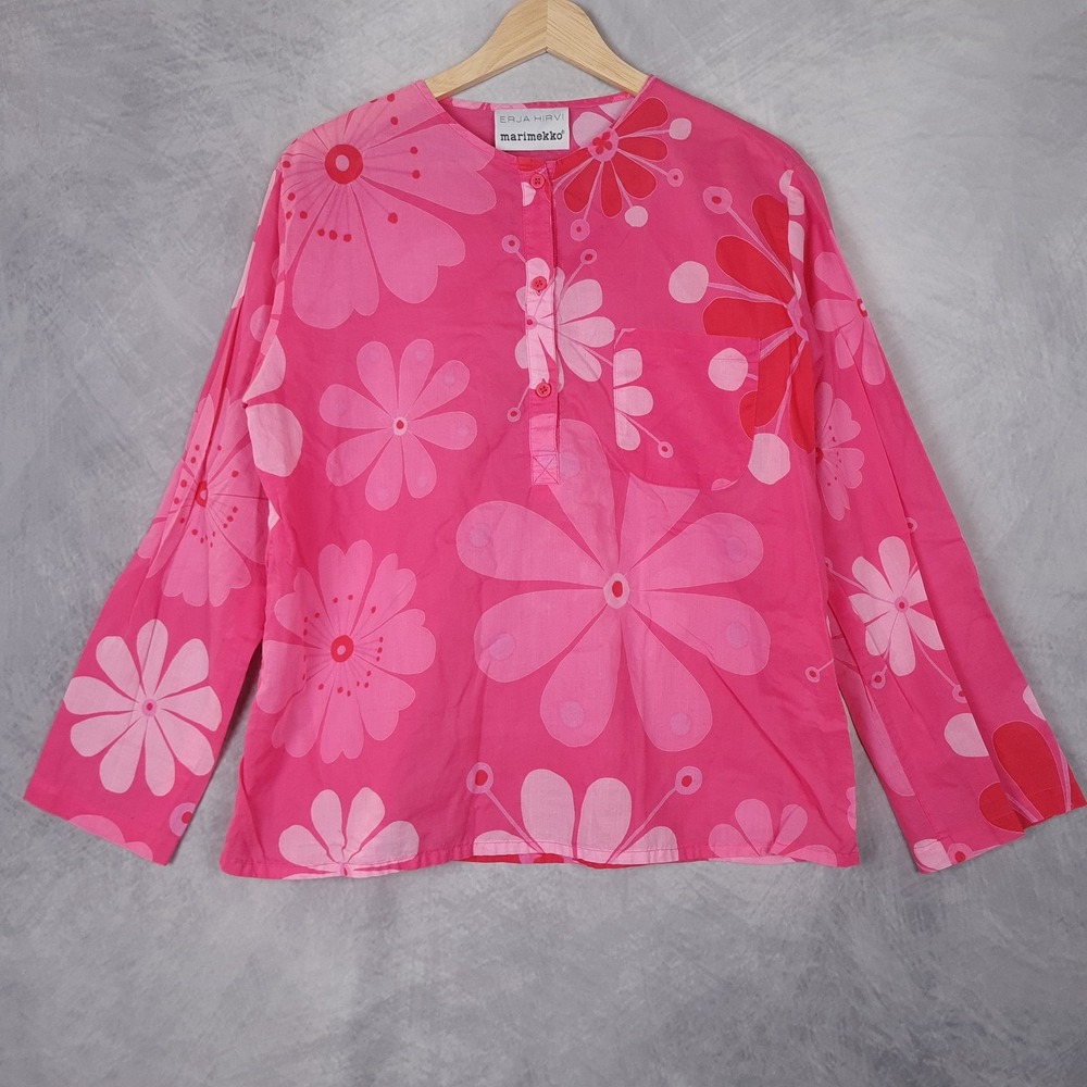 Marimekko Erja Hirvi Tunic Top Womens Medium Pink Floral Cotton Henley Blouse